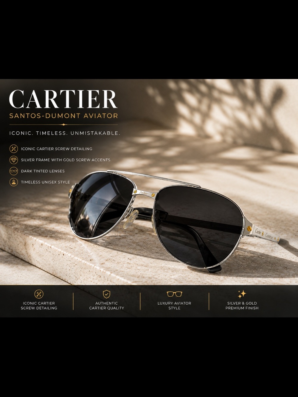 Cartier Santos-Dumont Aviators ✨ Luxury Silver & Gold Designer Sunglasse